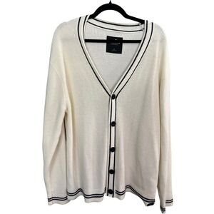 Hollister Preppy  Cardigan L Cotton White BLK Stripe Academic Long V Neck